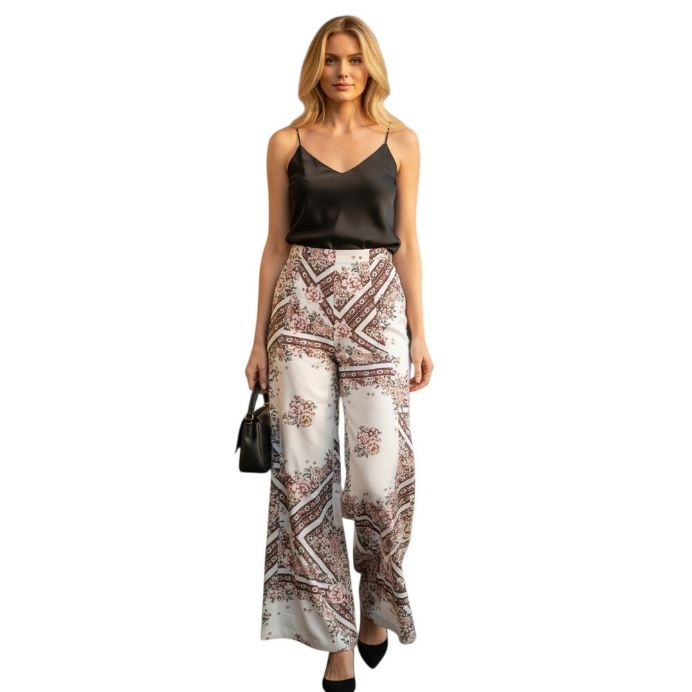 Oddy Wide Leg Palazzo Floral Womens size Large Cottagecore Romantic Casual Pants
